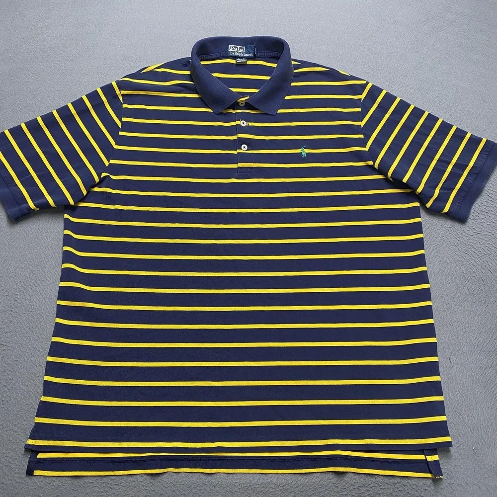 Polo Ralph Lauren Polo Shirt Mens XL Blue Yellow Stripe Pony Cotton Short Sleeve